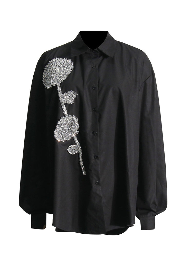 Chic White Rhinestone Floral Decorated Cotton Top Fall