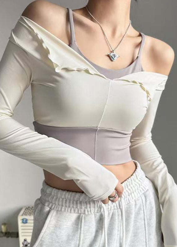 Chic White Ruffled Patchwork Fake Two Pieces Long Sleeve Yoga Top