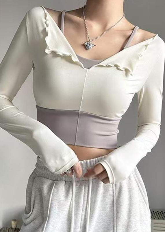 Chic White Ruffled Patchwork Fake Two Pieces Long Sleeve Yoga Top