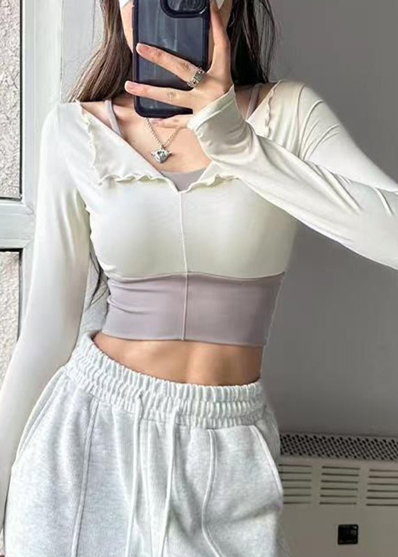 Chic White Ruffled Patchwork Fake Two Pieces Long Sleeve Yoga Top