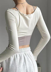 Chic White Ruffled Patchwork Fake Two Pieces Long Sleeve Yoga Top