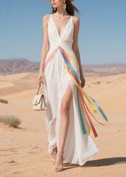 Chic White Side Open Multicolour Ribbon Chiffon Cami Dress Summer