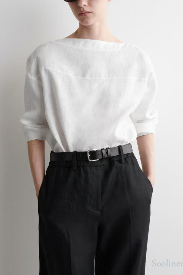 Chic White Slash Neck Back Lace Up Linen Shirts Spring