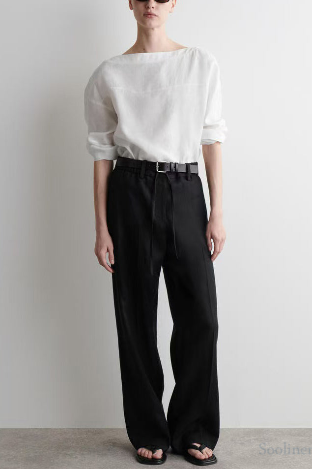 Chic White Slash Neck Back Lace Up Linen Shirts Spring