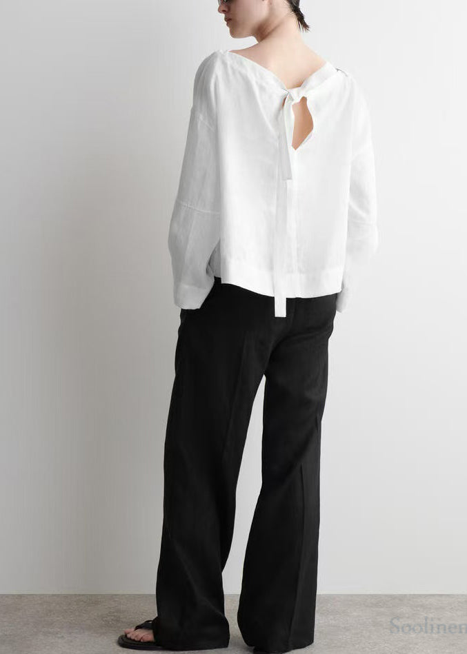 Chic White Slash Neck Back Lace Up Linen Shirts Spring