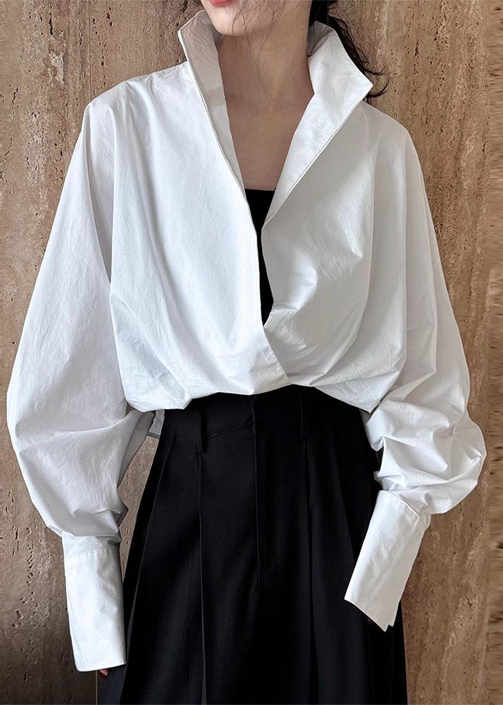 Chic White Stand Collar Solid Shirts Spring