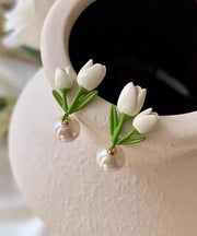 Chic White Sterling Silver Alloy Pearl Tulip Stud Earrings
