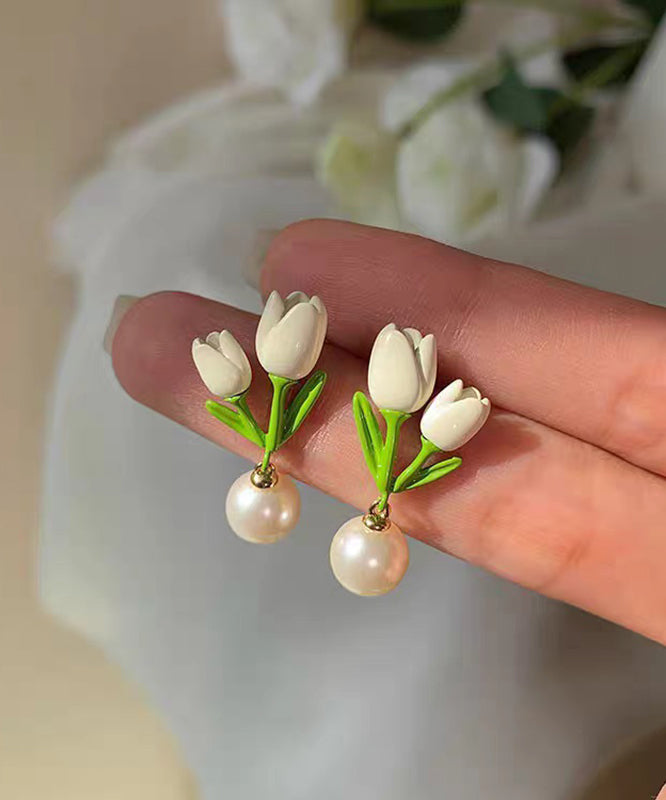 Chic White Sterling Silver Alloy Pearl Tulip Stud Earrings