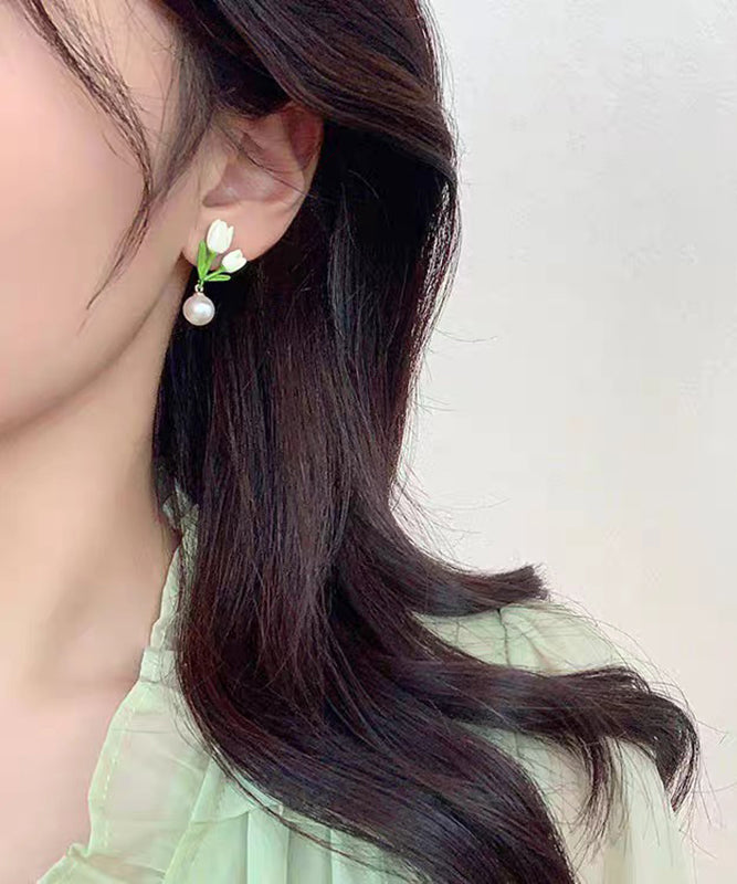Chic White Sterling Silver Alloy Pearl Tulip Stud Earrings