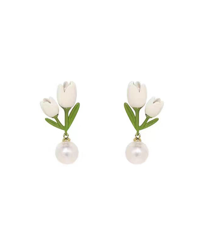 Chic White Sterling Silver Alloy Pearl Tulip Stud Earrings