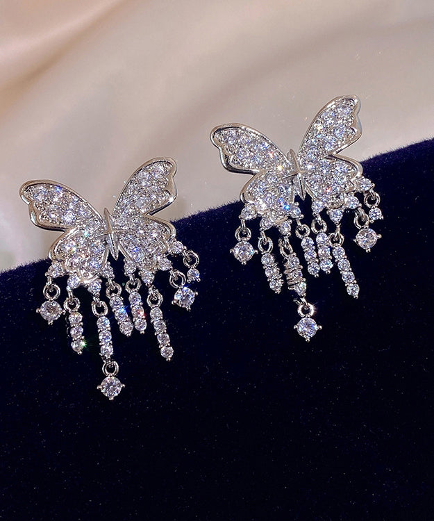 Chic White Sterling Silver Alloy Zircon Butterfly Tassel Drop Earrings