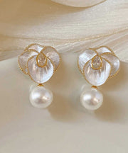 Chic White Sterling Silver Overgild Zircon Pearl Camellia Flower Drop Earrings