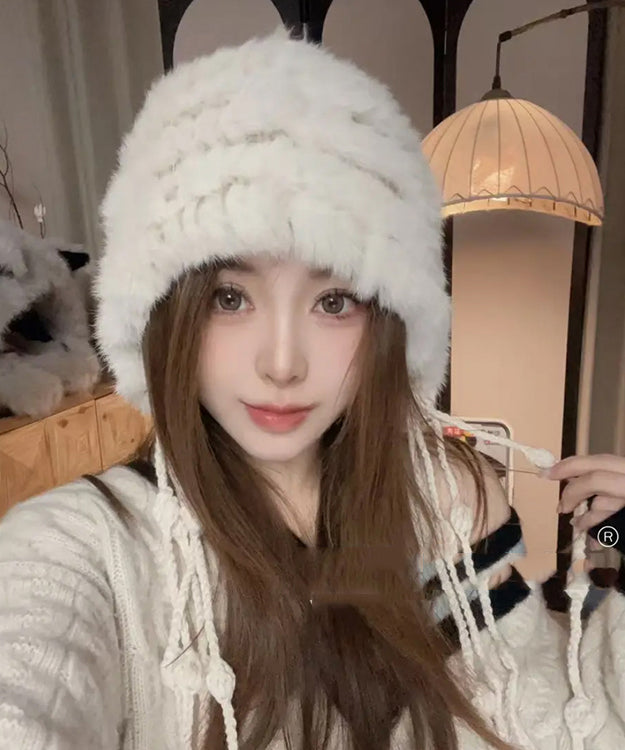 Chic White Tassel Rabbit Wool Knit Bonnie Hat