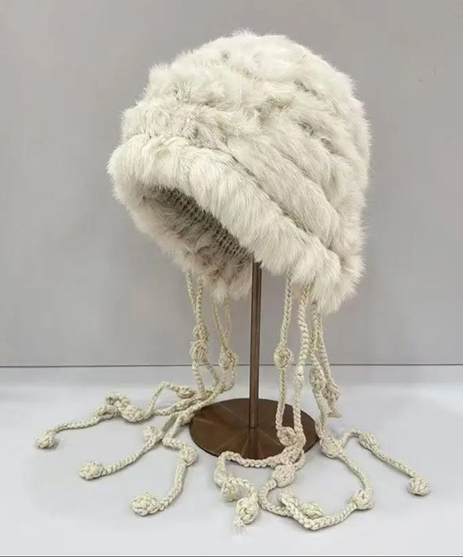 Chic White Tassel Rabbit Wool Knit Bonnie Hat