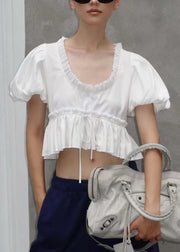 Chic White U Neck Ruffled Cotton Shirt Puff Sleeve