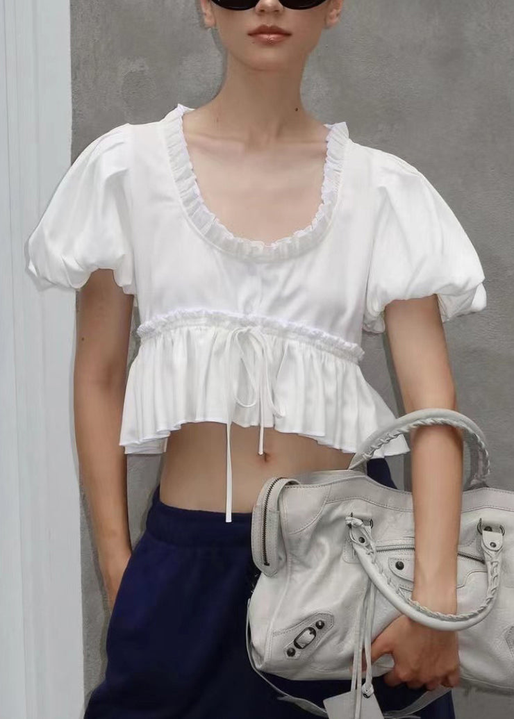 Chic White U Neck Ruffled Cotton Shirt Puff Sleeve