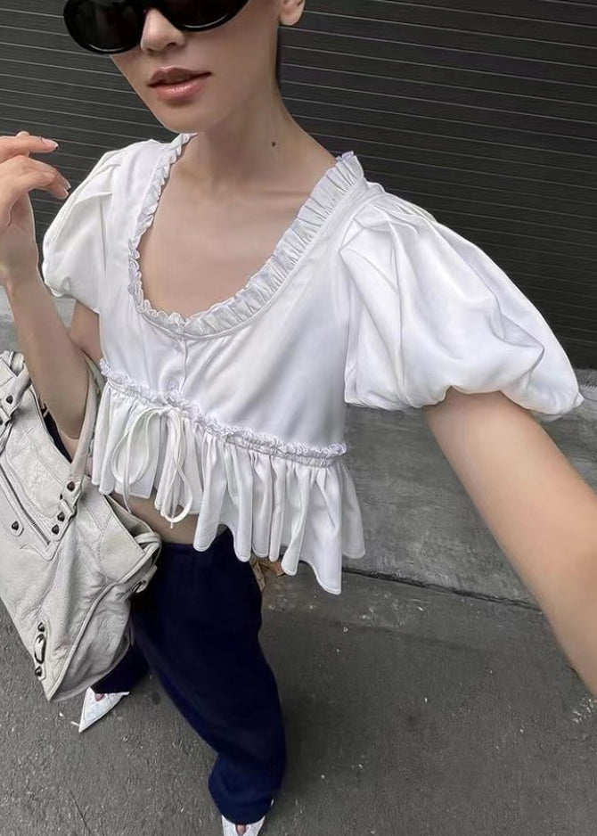 Chic White U Neck Ruffled Cotton Shirt Puff Sleeve