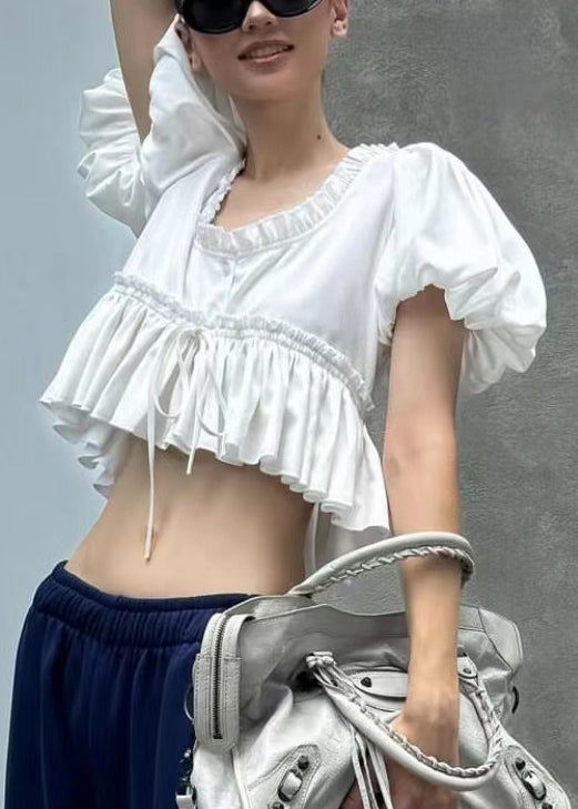 Chic White U Neck Ruffled Cotton Shirt Puff Sleeve