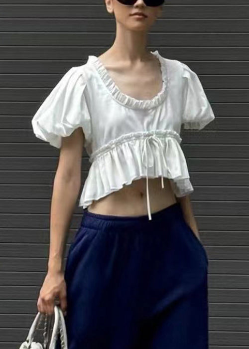 Chic White U Neck Ruffled Cotton Shirt Puff Sleeve