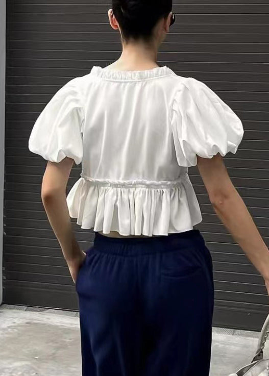 Chic White U Neck Ruffled Cotton Shirt Puff Sleeve