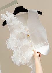 Chic White V Neck Button Tulle Patchwork Cotton Waistcoat Sleeveless