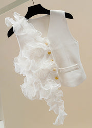 Chic White V Neck Button Tulle Patchwork Cotton Waistcoat Sleeveless