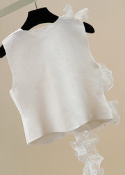 Chic White V Neck Button Tulle Patchwork Cotton Waistcoat Sleeveless