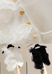 Chic White V Neck Button Tulle Patchwork Cotton Waistcoat Sleeveless