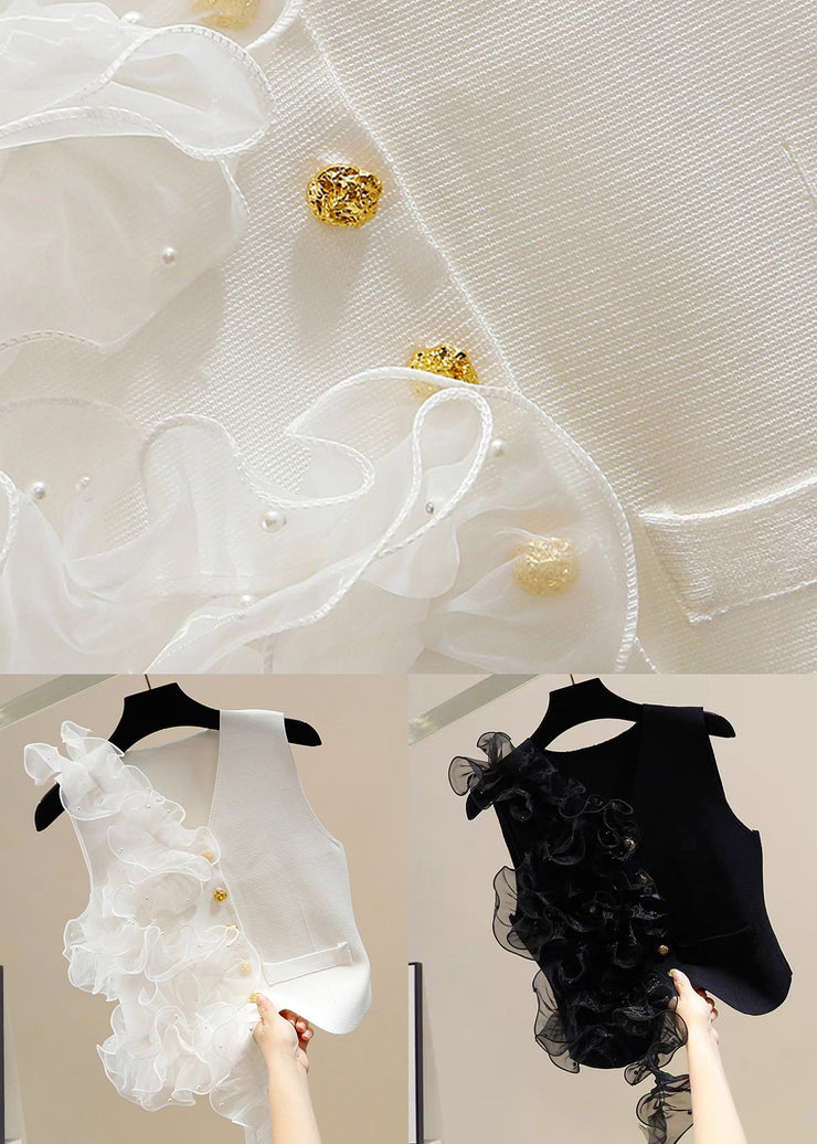 Chic White V Neck Button Tulle Patchwork Cotton Waistcoat Sleeveless