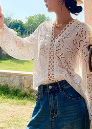 Chic White V Neck Embroidered Hollow Out Shirt Summer