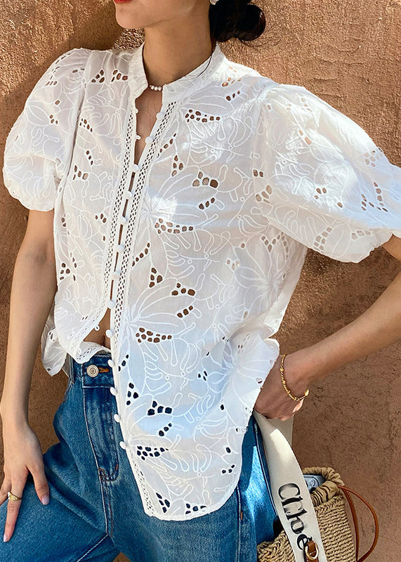Chic White V Neck Embroidered Hollow Out Shirt Summer