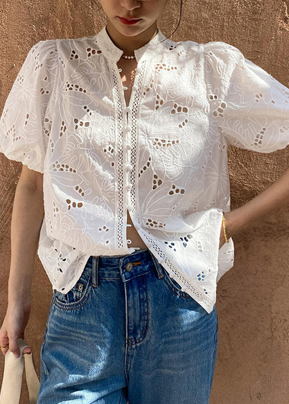 Chic White V Neck Embroidered Hollow Out Shirt Summer