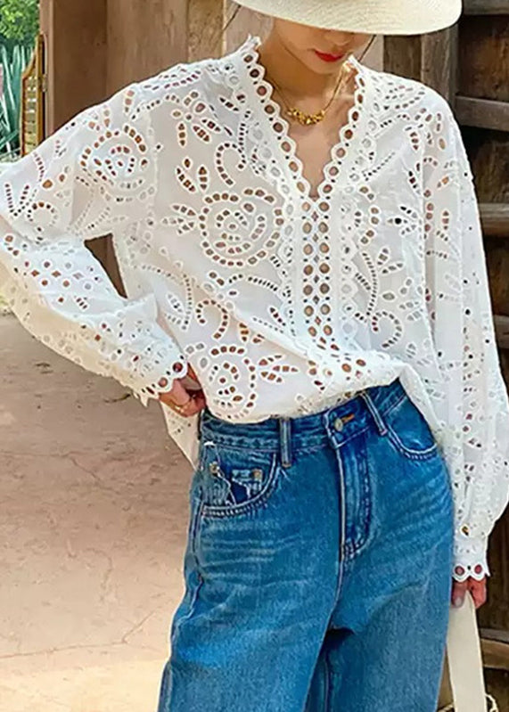 Chic White V Neck Embroidered Hollow Out Shirt Summer