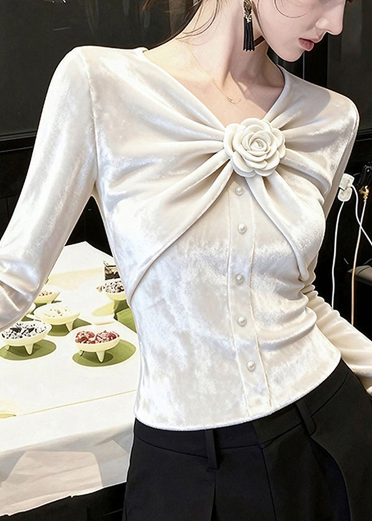 Chic White V Neck Rose Wrinkled Silk Velour Tops Fall