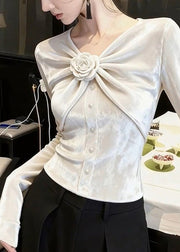 Chic White V Neck Rose Wrinkled Silk Velour Tops Fall