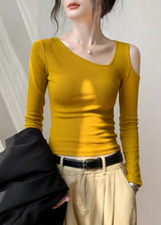 Chic Yellow Cold Shoulder Hollow Out Cotton T Shirt Fall