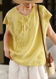 Chic Yellow Embroideried Chinese Button Linen Tanks Summer