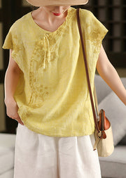Chic Yellow Embroideried Chinese Button Linen Tanks Summer