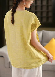 Chic Yellow Embroideried Chinese Button Linen Tanks Summer