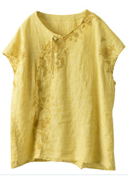 Chic Yellow Embroideried Chinese Button Linen Tanks Summer
