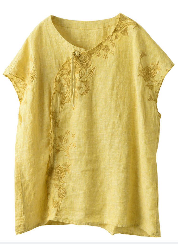 Chic Yellow Embroideried Chinese Button Linen Tanks Summer