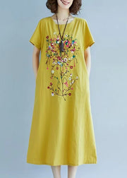 Chic Yellow Fine Embroidered Linen Dress Summer