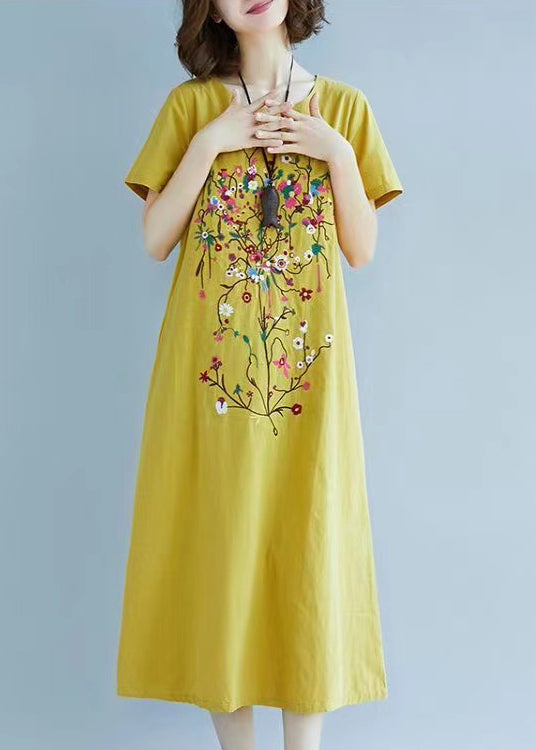 Chic Yellow Fine Embroidered Linen Dress Summer