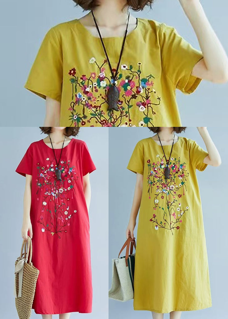 Chic Yellow Fine Embroidered Linen Dress Summer