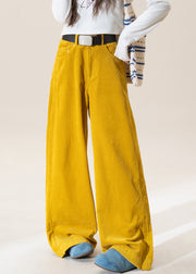 Chic Yellow High Waist Pockets Corduroy Straight Pants Winter