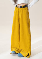 Chic Yellow High Waist Pockets Corduroy Straight Pants Winter