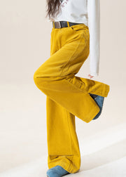 Chic Yellow High Waist Pockets Corduroy Straight Pants Winter