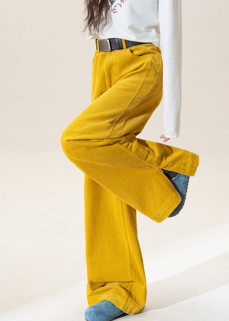 Chic Yellow High Waist Pockets Corduroy Straight Pants Winter