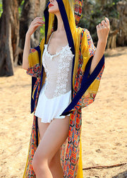 Chic Yellow Hooded Print Chiffon Long Cardigan Flare Sleeve