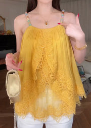 Chic Yellow Lace Patchwork Spaghetti Strap Tops Summer